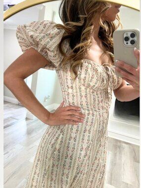 Classic Princess Cream Floral Puff Sleeve Dress| Easter Church Dress